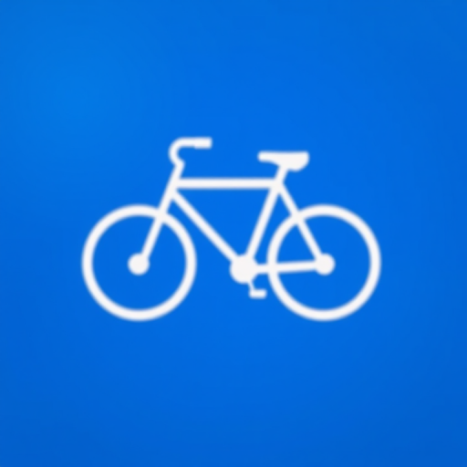 create a vivid image of a bicycle symbol on a circular blue background, using a DSLR camera with a 50mm lens, aperture set at f/8, ISO 100, and a shallow depth of field for enhanced clarity and contrast.