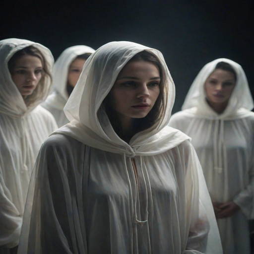 A dramatic portrayal of a group of individuals draped in translucent, white robes with pointed, elongated hoods that cast a soft glow on their faces. The robes are translucent, allowing the light to filter through, creating a shimmering effect. The individuals are positioned in a line, with their faces turned slightly to the side, revealing a contemplative expression. The setting is dark, with a backdrop of intricate, blurred patterns that resemble a network of lights or wires. The overall mood of the image is mysterious and ethereal, with the white robes and hoods standing out against the darker, moody backdrop.