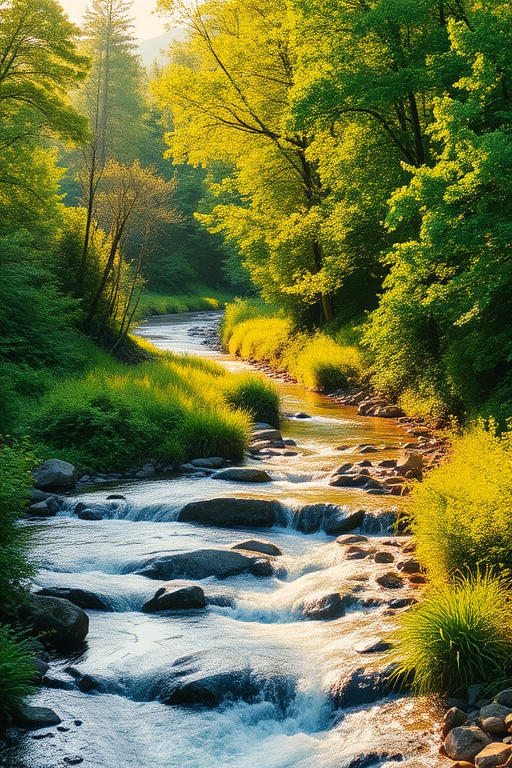 Generate an image of a serene landscape with a flowing river surrounded by lush greenery, golden sunlight filtering through the trees, captured using a DSLR camera, f/8 aperture, ISO 100, 24mm lens, and a tripod for stability.