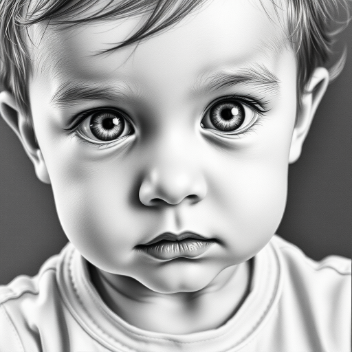 A hyperdetailed photorealistic black and white sketch of a beautiful toddler with deep white eyes, with a macro focus