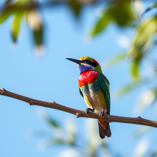 Capture a high-resolution image of a colorful bird perched on a branch against a clear blue sky, using a DSLR camera with an aperture of f/5.6, ISO 200, shutter speed of 1/200s, in portrait orientation, using a 300mm lens for a shallow depth of field and enhanced detail.