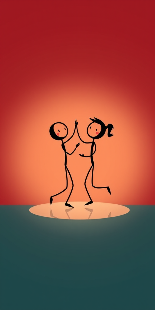 Create a vibrant illustration of two stick figures dancing joyfully against a gradient background transitioning from red to teal, using a high-resolution digital drawing technique with soft lighting, a 50mm lens, f/2.8 aperture, and a slight vignette effect for added depth.