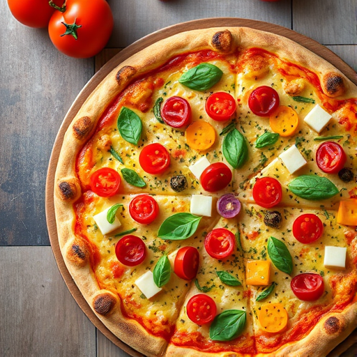 Regenerate a vibrant image of a freshly baked pizza topped with colorful vegetables and herbs, using a Canon EOS 5D Mark IV camera with a 50mm f/1.8 lens, at f/4 aperture, ISO 100, 1/125 sec shutter speed, taken from a top-down view in a natural light setting to enhance colors and details.