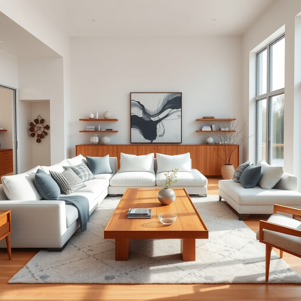 create a modern living room with a large white sectional sofa adorned with gray pillows, a wooden coffee table in the center, an abstract black and white painting on the wall, large windows letting in natural light, warm wooden shelves filled with decorative vases, and a minimalist armchair, bright and airy atmosphere, taken with a Canon EOS R5, 35mm lens, aperture f/2.8, ISO 100, and a wide-angle view for depth.