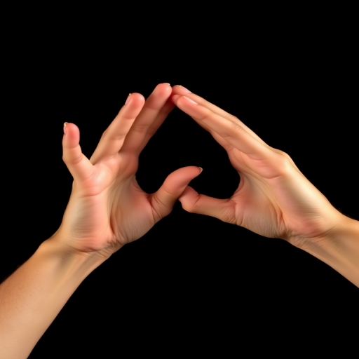 Create a high-resolution image of two hands forming a triangle shape against a minimalist black background, using a Canon EOS R5 camera, 50mm lens, f/2.8 aperture, ISO 100, 1/200s shutter speed, in soft natural lighting to enhance details and texture.