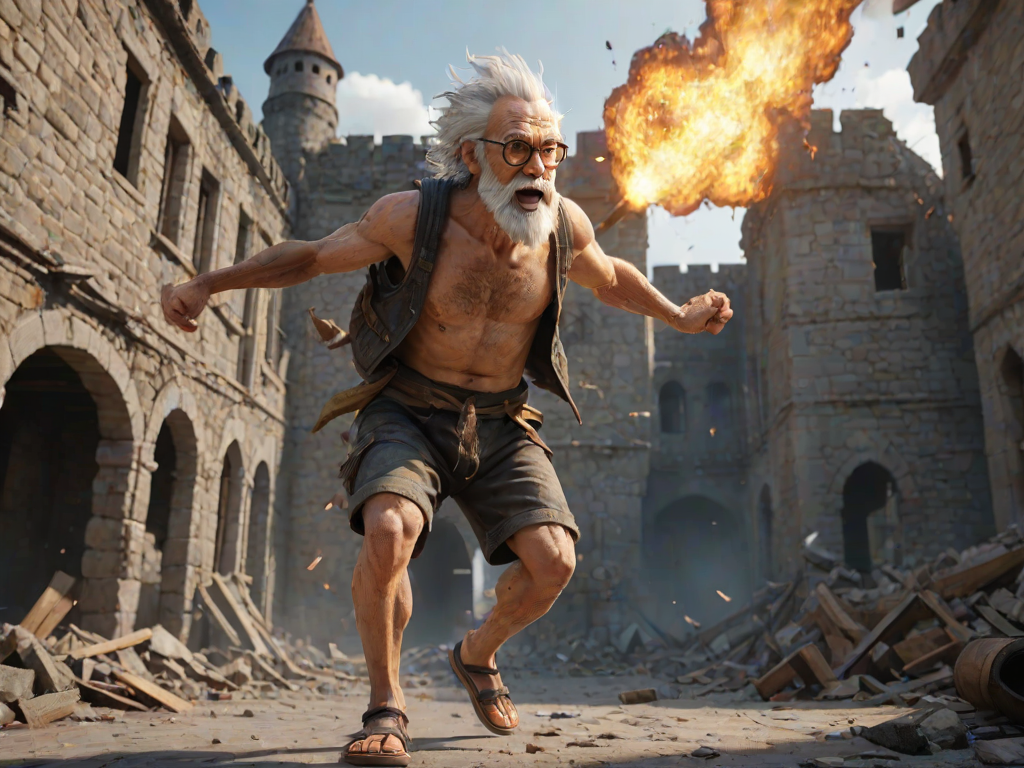 Cartoon 3D High-Resolution,dynamic battle scene using Unreal Engine 5 and Octane Render. The scene features back of an elderly, thai man with a beard,messy hair and round golden-rimmed glasses. He is wearing a tattered tank top with soot marks, shorts, and sandals. sweating. he wields a baseball bat. He jump to fight with a white fire-breathing Europe dragon amidst a partially destroyed stone castle. Include intense flames, smoke, and debris to enhance the dramatic effect.