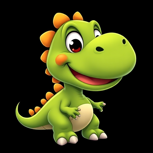Create a high-resolution, cartoon-style image of a cute green dinosaur with a big smile and exaggerated features, using a digital camera with a 50mm lens, f/1.8 aperture, ISO 100, and a shallow depth of field for vivid colors and sharp details against a solid black background.