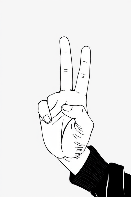Create a minimalist black and white illustration of a hand making a gesture with three fingers raised, set against a light gray background, captured using a DSLR camera at f/2.8 aperture, 50mm lens, ISO 100, with soft natural lighting for enhanced image quality.