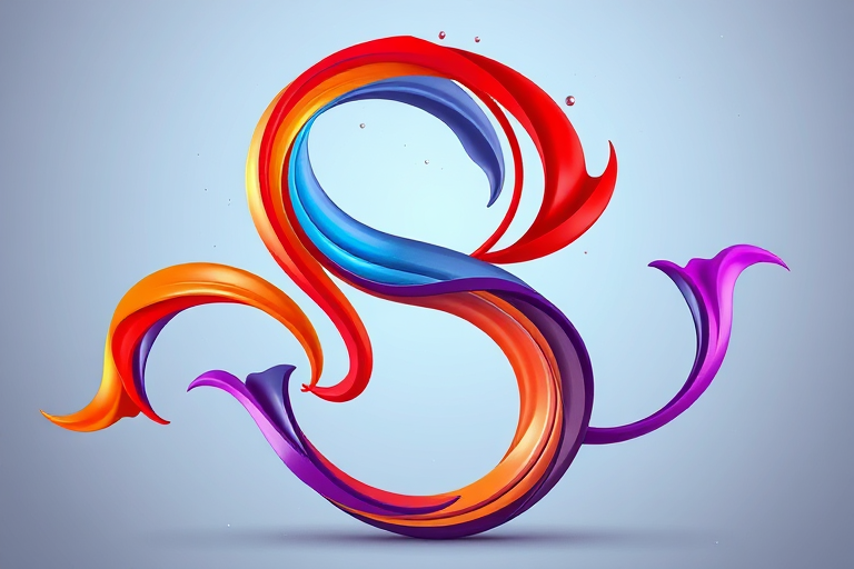 Create a vibrant and artistic rendering of the letter S with a flowing, dynamic design, enhancing colors like red, orange, blue, and purple, using a DSLR camera with a 50mm lens, aperture set to f/1.8, ISO 100, and captured from a low angle view to emphasize depth and movement.