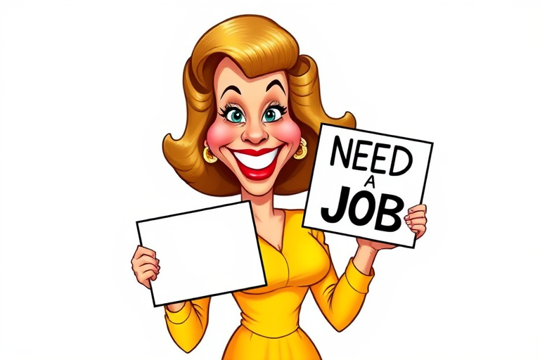 caricature of a smiling Rita Hayworth in a Yellow dress or suit, holding up a sign that says "NEED A JOB", no watermark,