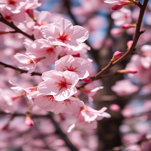 Capture a close-up view of cherry blossoms with a shallow depth of field, using a DSLR camera at f/2.8, ISO 100, 1/200s, natural light, shot from a low angle to emphasize the delicate pink petals against a blurred background.
