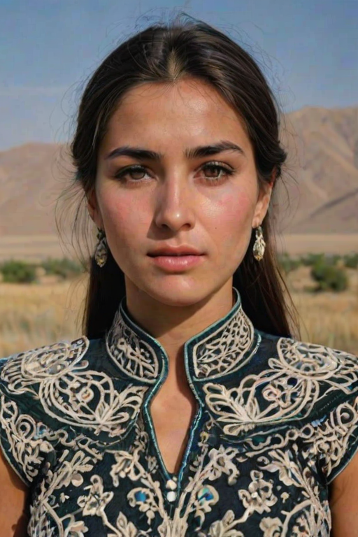 Face, shoulders, chest covered in openwork Tajik embroidery. Raw, unedited image.