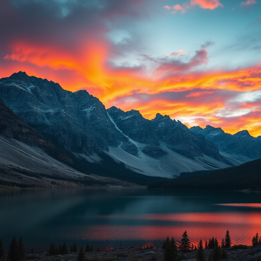 High-resolution image of a majestic mountain landscape during sunset, with vibrant colors in the sky and reflective lake in the foreground, captured with a Canon EOS R5, 24mm lens, f/8 aperture, ISO 100, 1/125 sec, wide-angle view for depth and clarity.