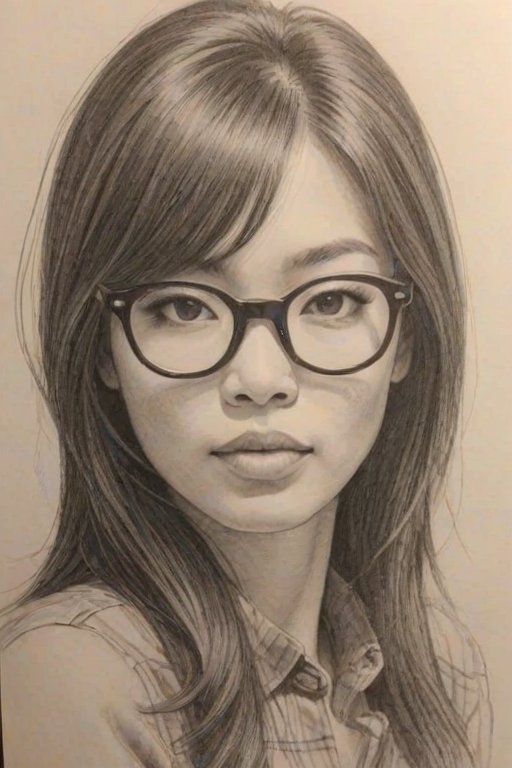 Sublime Cathy Ang, pencil sketch, portrait of Fascinating woman 1968s in glasses, hair style beatnik, outline, clear lines, fine lines, 8k