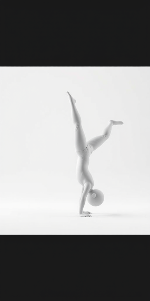 Generate an image of a minimalist 3D character performing a handstand on a clean white background, camera settings: f/4, ISO 100, shutter speed 1/125s, camera view: eye level, camera style: soft focus with a slight vignette effect, camera type: DSLR.