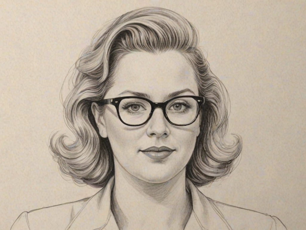 Charming Bridget Everett, pencil sketch, portrait of Elegant woman 1943s in glasses, hair style beatnik, outline, clear lines, fine lines, 8k