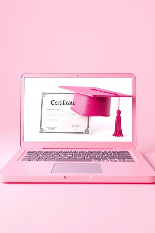 3D rendering of a pink laptop displaying a graduation cap and a certificate, soft lighting, focus on details, 85mm lens, f/2.8 aperture, ISO 100, studio style, DSLR camera.
