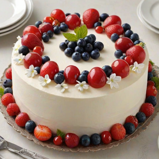 Create an image of a round cake with a smooth white frosting. The cake is decorated with a variety of fresh fruits including grapes, blueberries, and cherries. Add small edible flowers for decoration. The cake should have a simple, elegant design with a subtle swirl pattern on the top. Place a small label in the center of the cake that reads "Blank Cake". The setting should be minimalistic, with a neutral background.