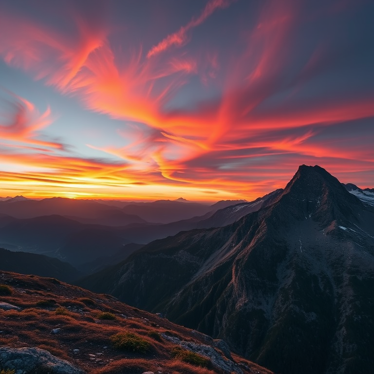 Generate a high-resolution image of a mountain landscape during sunset with vivid colors, using a DSLR camera, 24mm lens, f/8 aperture, ISO 100, and a shutter speed of 1/125 sec, capturing a panoramic view with vibrant contrasts and sharp details.