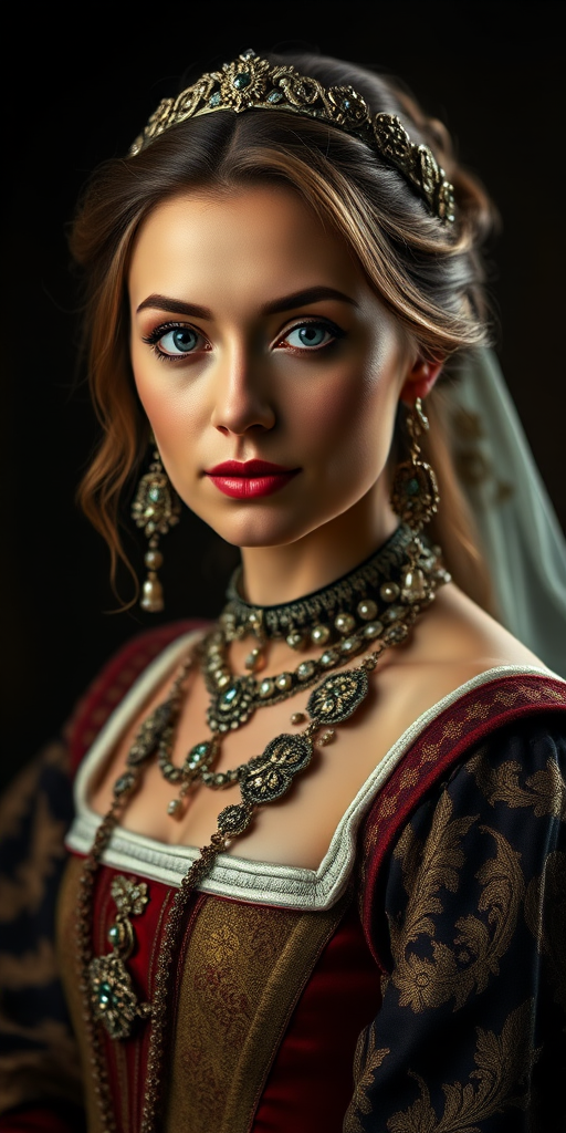 Portrait of a woman in historic noble attire with intricate jewelry and a regal expression, soft lighting, 50mm lens, f/1.8 aperture, ISO 100, shallow depth of field, captured in a studio setup with dark, dramatic background.