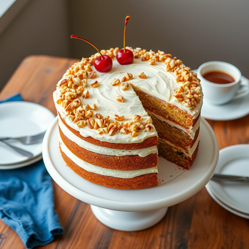 A beautifully layered cake with cream frosting topped with nuts and cherries, displayed on a white cake stand with a slice cut out, surrounded by plates and a cup of coffee on a wooden table with a blue cloth underneath.
