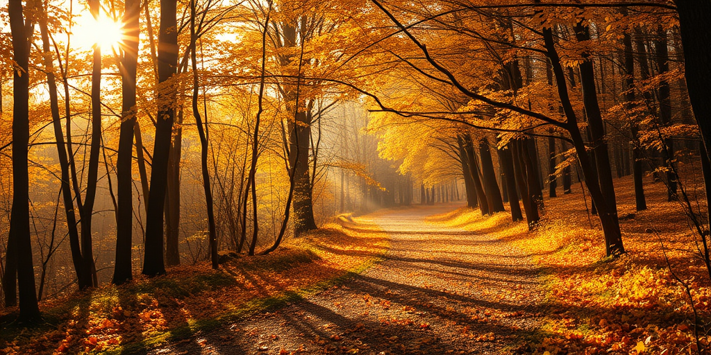 A serene autumn forest scene with golden leaves falling gently from trees illuminated by soft sunlight creating a warm and peaceful atmosphere with a winding path covered in fallen leaves