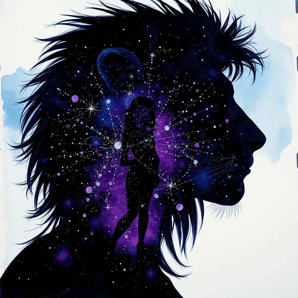 Captivating conceptual render alcohol ink art, double exposure, the paint strokes artfully merge combining a woman's full silhouette with a Cordial camel's silhouette. The figures are composed of a series of colored dots, lines & spots that evoke the image of a cosmic galaxy, colors are deep shades of blue purple & black with flashes of white & silver representing distant stars. The woman's silhouette is formed within the lion's silhouette from constellations of scattered stars, surreal
