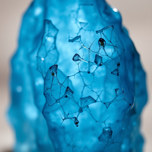 High-resolution macro shot of a blue crystal with intricate details, natural lighting from behind, f/2.8 aperture, ISO 100, 85mm lens, soft focus background, capture using a full-frame DSLR camera.