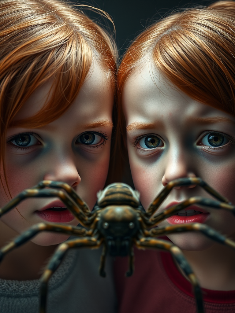 Create a hyper-realistic portrait of two children with red hair and freckles showing expressions of fear, with a large spider positioned in front of them, shot with a Canon EOS R5, 50mm lens, aperture f/1.8, ISO 200, in soft lighting for dramatic effect, focusing on their facial details and the texture of the spider.
