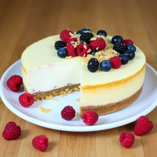 A delicious cheesecake topped with a layer of mixed berries and a crumbly topping, placed on a white plate with fresh raspberries scattered around, set on a wooden surface.
