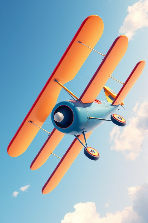Illustrate a colorful biplane flying in a clear sky, captured with a Canon EOS R5, 50mm lens, f/2.8 aperture, ISO 100, aerial view, vibrant cartoon style, high resolution.