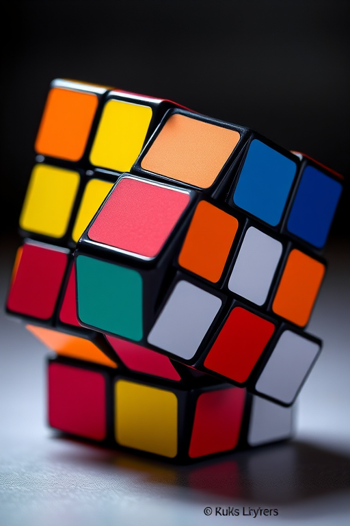 Generate a high-resolution image of a Rubik's Cube with vibrant colors, using a DSLR camera with a 50mm lens set to f/2.8, ISO 100, and a 1/200 sec shutter speed, taking the shot from a 45-degree angle to emphasize its three-dimensionality and depth.