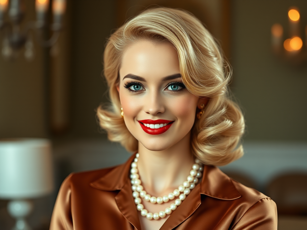 A beautiful Chaldean woman reminiscent of 1950s Hollywood glamour, with perfectly styled blonde hair and a seductive smile, dressed in a satin blouse and adorned with pearls, soft and warm tones, photorealistic, 8K