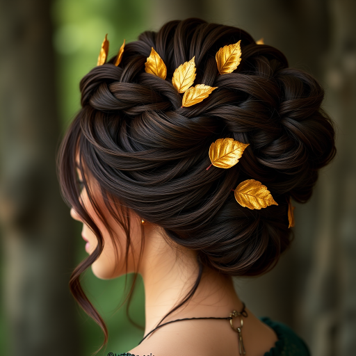 Rich chocolate brown hair styled in an elaborate updo with braided crown and cascading tendrils, embellished with golden leaves for a regal forest nymph look called Woodland Empress