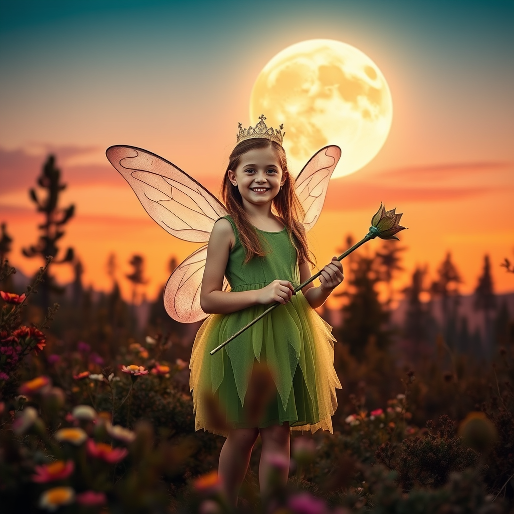 A vivid photo  taken under a bright camera flash of a fantastical scene set against a backdrop of a forest during sunset. The main subject is a girl dressed as a fairy, adorned with translucent wings and a green dress, holding a wand, her face is happy, and she wears a crown on her head. The forest behind her is a blend of flowers, shrubs and trees. The sky is painted in hues of orange and pink, with a large, glowing moon casting a warm glow over the scene. The overall color palette is dominated by earthy tones.