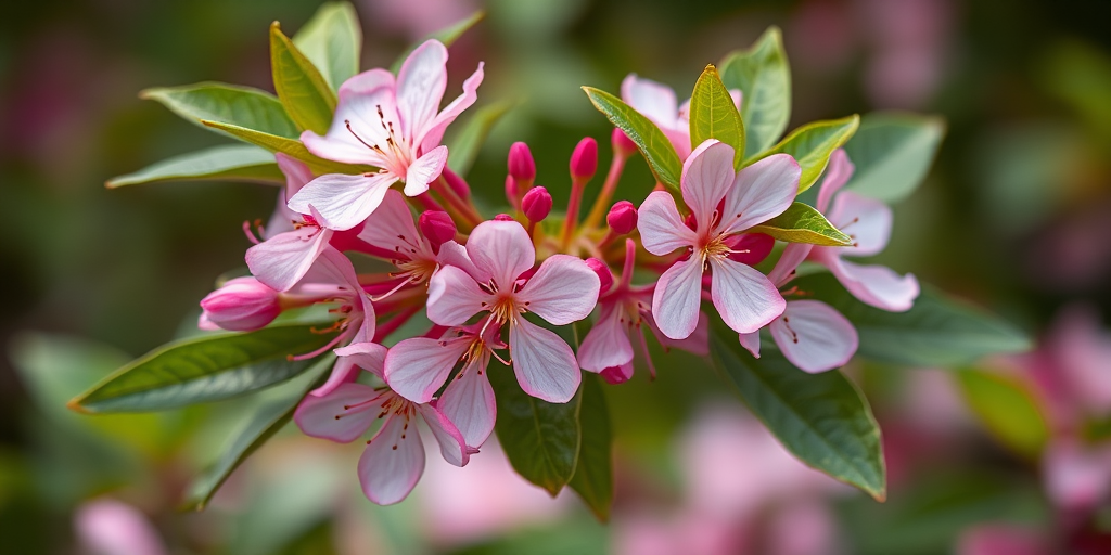 Regenerate the image of a flowering plant with pink blossoms and green leaves, use a macro lens, aperture f/2.8, shutter speed 1/250s, ISO 100, natural light, and a slight bokeh effect for enhanced detail and quality.