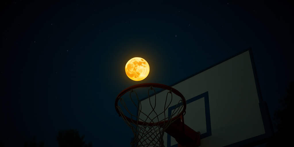 Capture a nighttime scene featuring a full, bright yellow moon resting on the edge of a basketball hoop, with a starry sky background, using a DSLR camera, 50mm lens, aperture f/1.8, ISO 800, shutter speed 1/60s, in high dynamic range style for enhanced detail and color contrast.