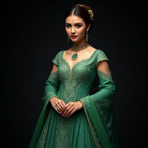 Generate an image of a female figure wearing an elegant, flowing green costume with intricate details, adorned with jewelry, captured with a DSLR camera at f/2.8, ISO 100, 50mm lens, overhead lighting in a studio setting for enhanced clarity and depth.