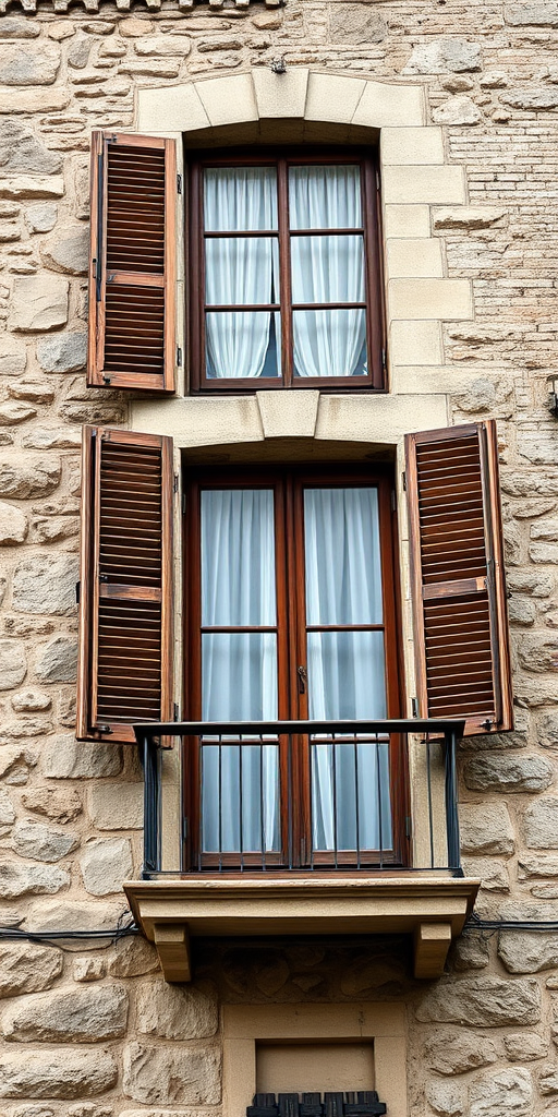 Generate a high-resolution image of an old stone building with wooden shutters, featuring a balcony with sheer curtains, captured with a DSLR camera, 50mm lens, f/8 aperture, 1/200 sec shutter speed, and natural lighting to enhance texture and detail.