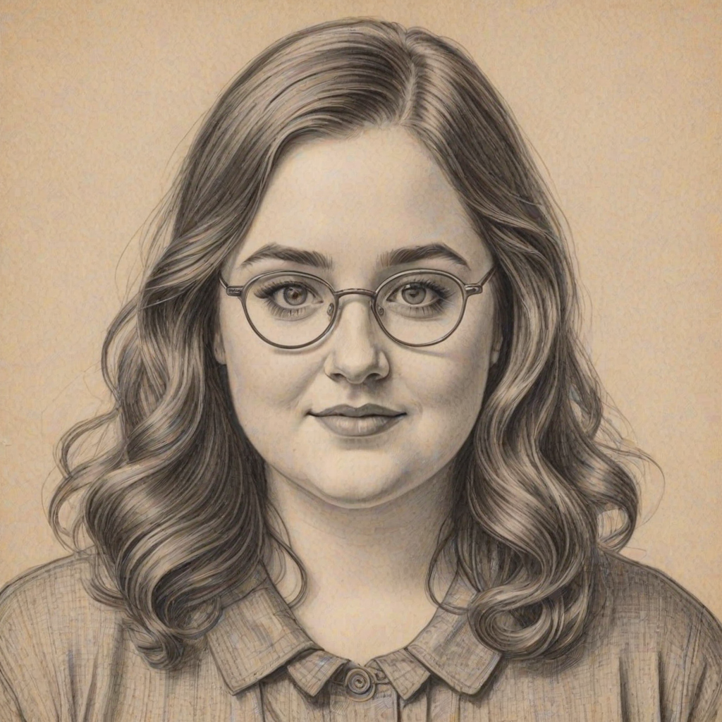 Ravishing Aidy Bryant, pencil sketch, portrait of Enticing woman 1926s in glasses, hair style beatnik, outline, clear lines, fine lines, 8k