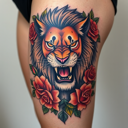 Striking neo-traditional tattoo on the thigh depicting a fierce lioness surrounded by vibrant roses and foliage rich saturated colors and bold outlines with a touch of realism
