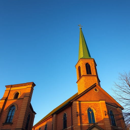 regenerate image of a historic church with a green spire under a clear blue sky, use a DSLR camera with a 24mm lens, aperture set to f/8 for depth of field, ISO 200 for clarity, and a low-angle shot to capture the height and details of the architecture, golden hour lighting for warm tones