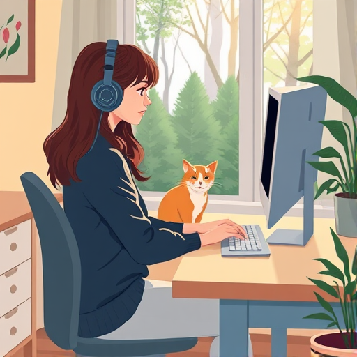 create an illustration of a young woman sitting at a desk with a computer, wearing headphones, a cat beside her, and a view of trees outside the window, in a cozy room, with soft lighting, shot from a side angle, using a Canon EOS R5 with a 50mm lens, aperture f/1.8, ISO 200, to enhance depth of field and image quality