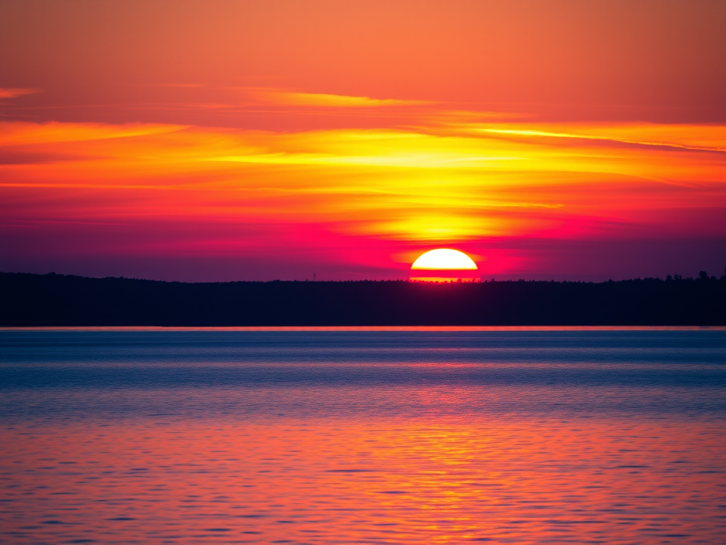 Create a high-resolution image of a serene sunset over a calm lake with vibrant orange and purple hues in the sky, captured with a DSLR camera at f/8 aperture, ISO 100, 1/200 sec exposure, using a wide angle lens, in landscape orientation to enhance detail and depth.