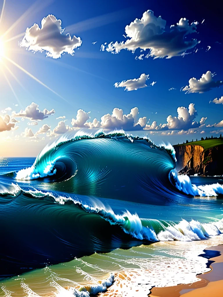 Majestic Ocean Waves Crashing Against the Shore Under a Bright Sky
