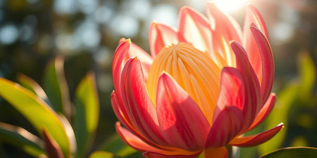 photograph of a large protea flower in golden sunlight, macro shot, shallow depth of field, f/2.8, 50mm lens, ISO 100, 1/200s, soft focus background, natural lighting, vibrant colors, DSLR camera