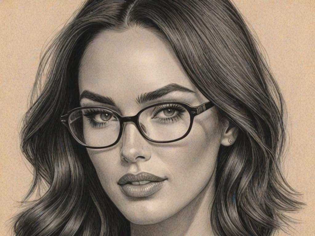 Bewitching Megan Fox, pencil sketch, portrait of Beauteous woman 1936s in glasses, hair style beatnik, outline, clear lines, fine lines, 8k