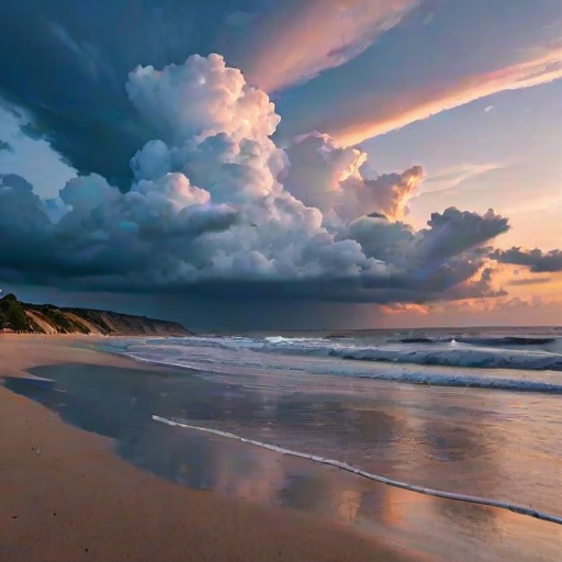 Evening by the sea, multilayer clouds, beautiful scene