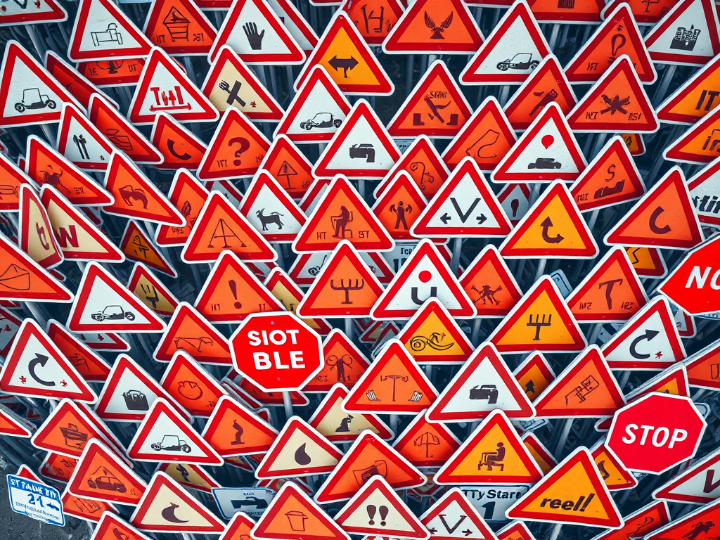 a densely packed array of construction warning signs in a vibrant red and white color scheme, high resolution, f/8 aperture, ISO 100, 24mm lens, top-down perspective, digital camera
