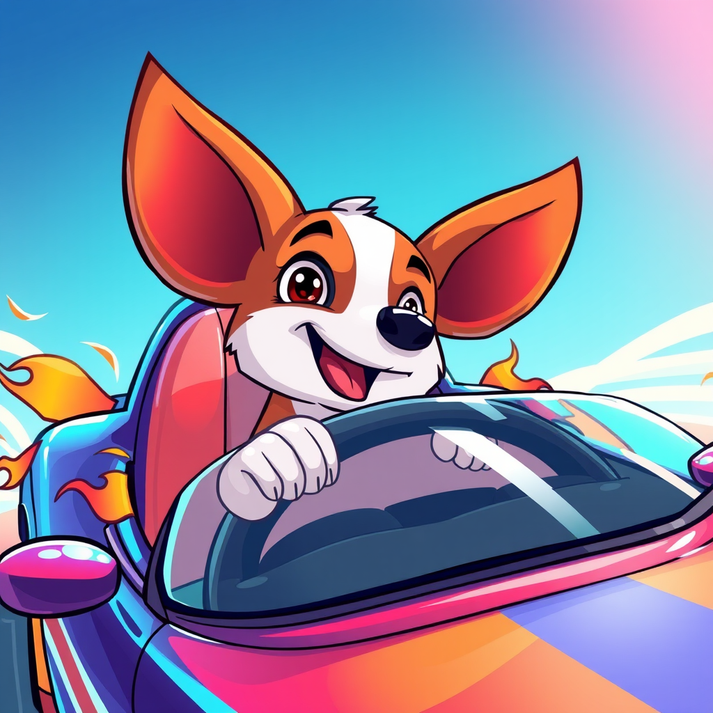 Regenerate an illustration of a cartoon dog driving a colorful sports car with flames on the sides, using a vibrant color palette, with a close-up view, in a digital art style, simulating a high-resolution camera effect.